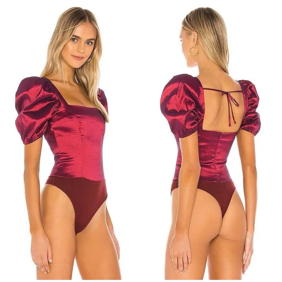 MAJORELLE Cruz Maroon Puff Sleeve‎ Square Neck Bodysuit Size Small Elegant Fit - Picture 1 of 9